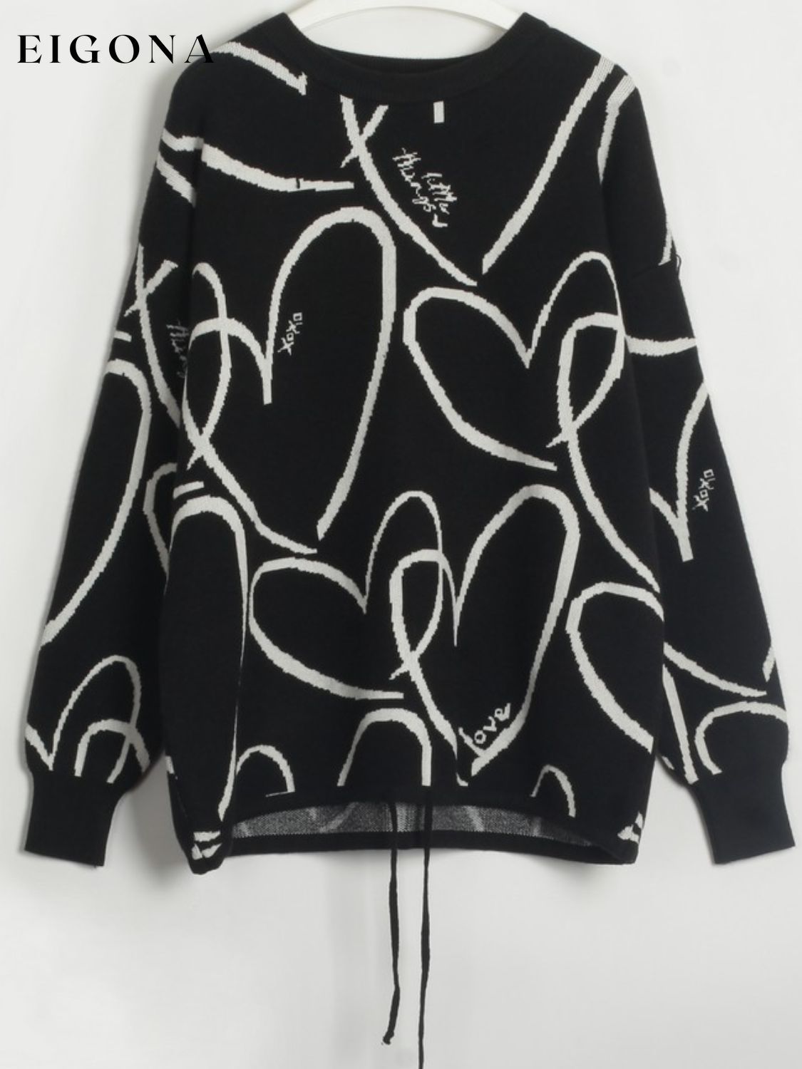 Heart Pattern Drawstring Hem Sweater Black One Size clothes H.Y@Maozhi Ship From Overseas Shipping Delay 10/01/2023 - 10/03/2023 sweater sweaters