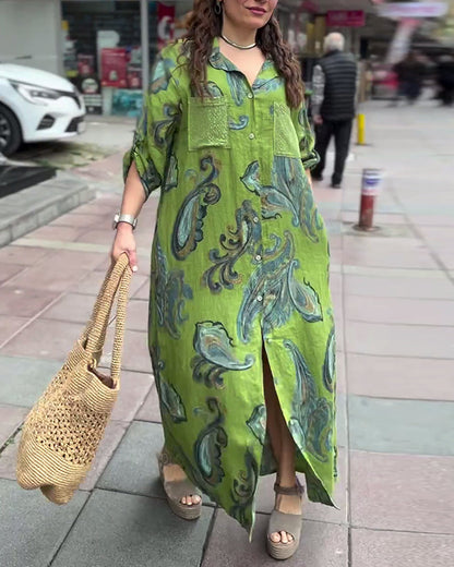 Lapel buttoned printed pocket slit long dress casual dresses spring summer