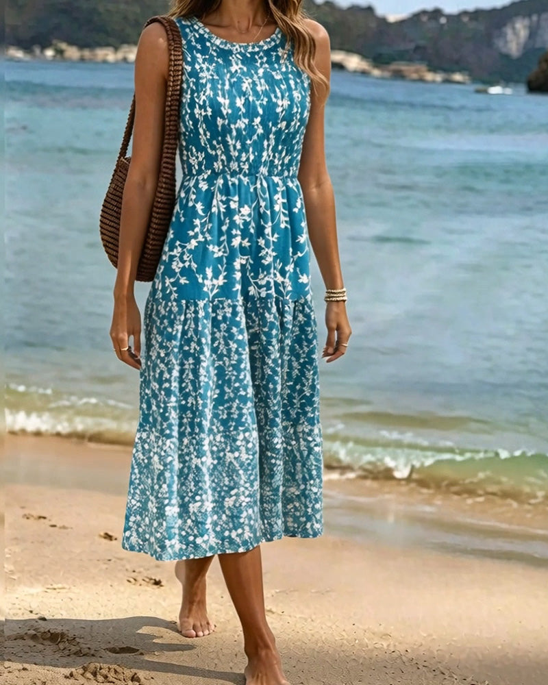 Sleeveless Floral Waist-Cinching A-Line Dress casual dresses spring summer