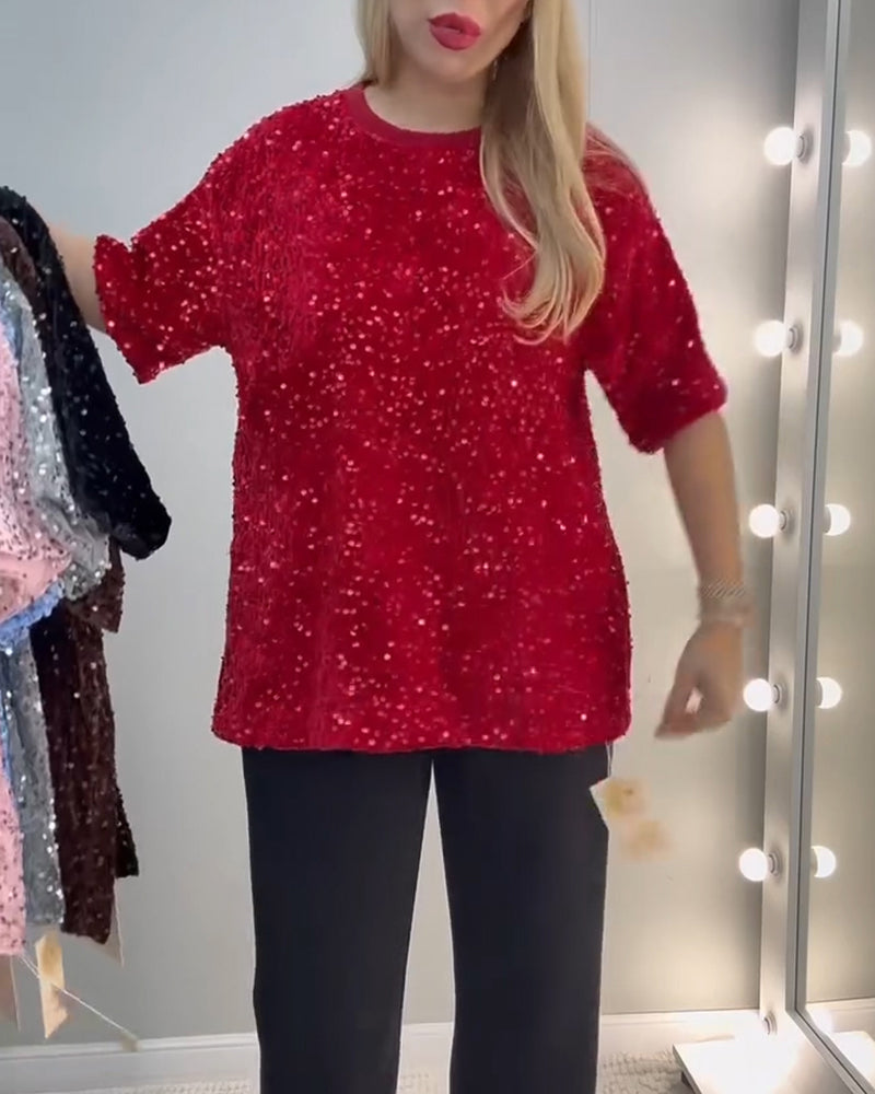 Round Neck Sequined Short-Sleeved T-Shirt