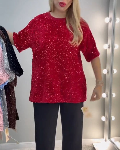 Round Neck Sequined Short-Sleeved T-Shirt