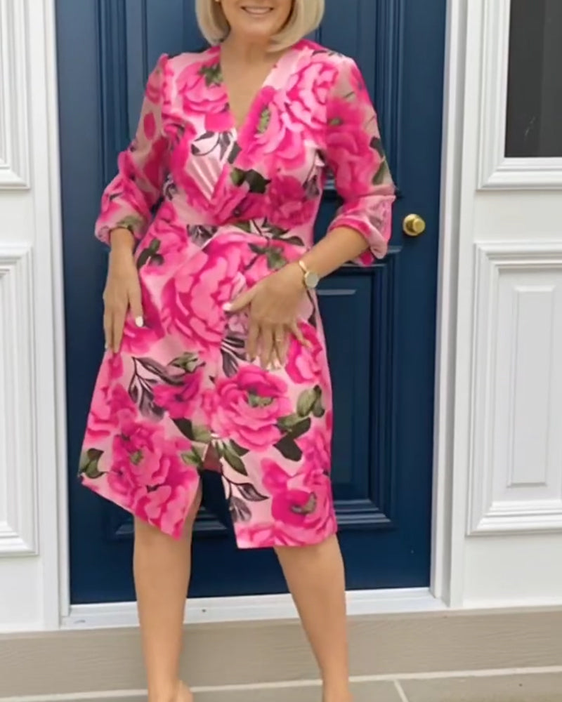 V-Neck Floral Print Long-Sleeve Dress