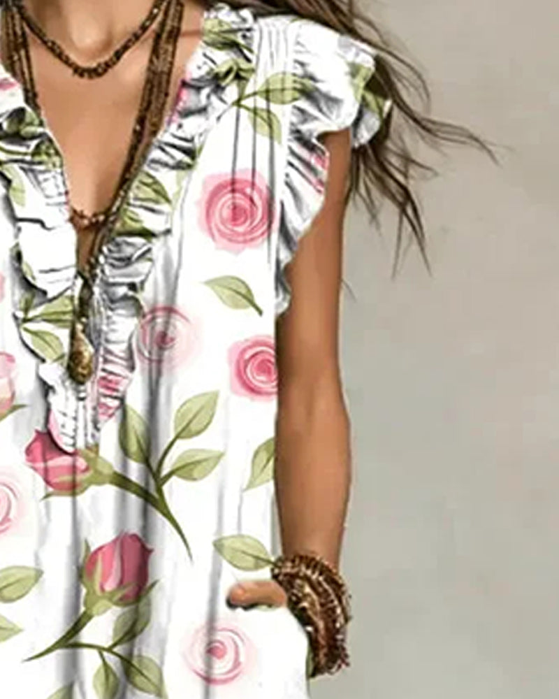 Rose Print Ruffle V-Neck Dress