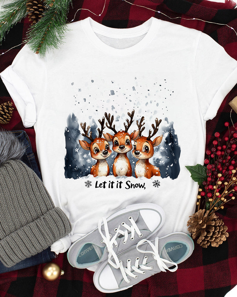 Casual reindeer letter print short sleeve T-shirt 2024 f/w christmas spring summer t-shirts