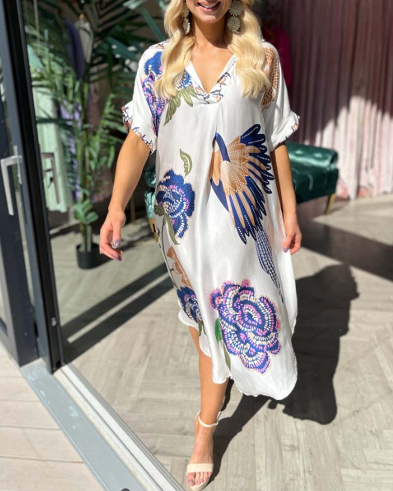 V-neck printed loose dress casual dresses summer