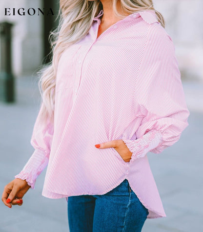 Pink Smocked Cuffed Striped Boyfriend Shirt with Pocket All In Stock button down womens clothes Color Pink Craft Smocked DL Exclusive Early Fall Collection long sleeve shirts long sleeve top Occasion Daily Print Stripe Season Spring Stripe tops Style Modern tops