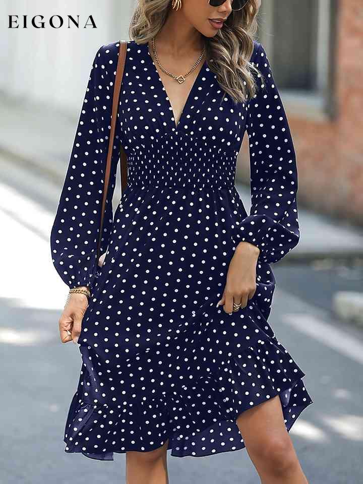 V-Neck Long Sleeve Ruffle Hem Dress Navy clothes dress dresses M@Y mini dress Ship From Overseas Shipping Delay 09/29/2023 - 10/04/2023