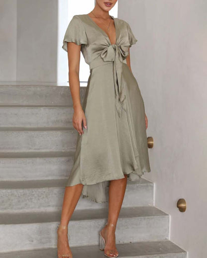 Fashionable solid color deep V twist ruffle sleeve dress 202466 casual dresses summer