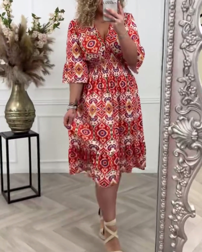 Deep V bell sleeve printed dress casual dresses spring summer vacation dresses