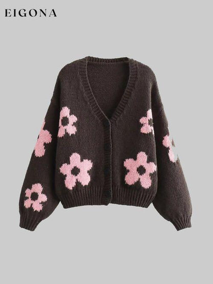 Floral Button Up V-Neck Cardigan Chocolate clothes K&BZ Ship From Overseas