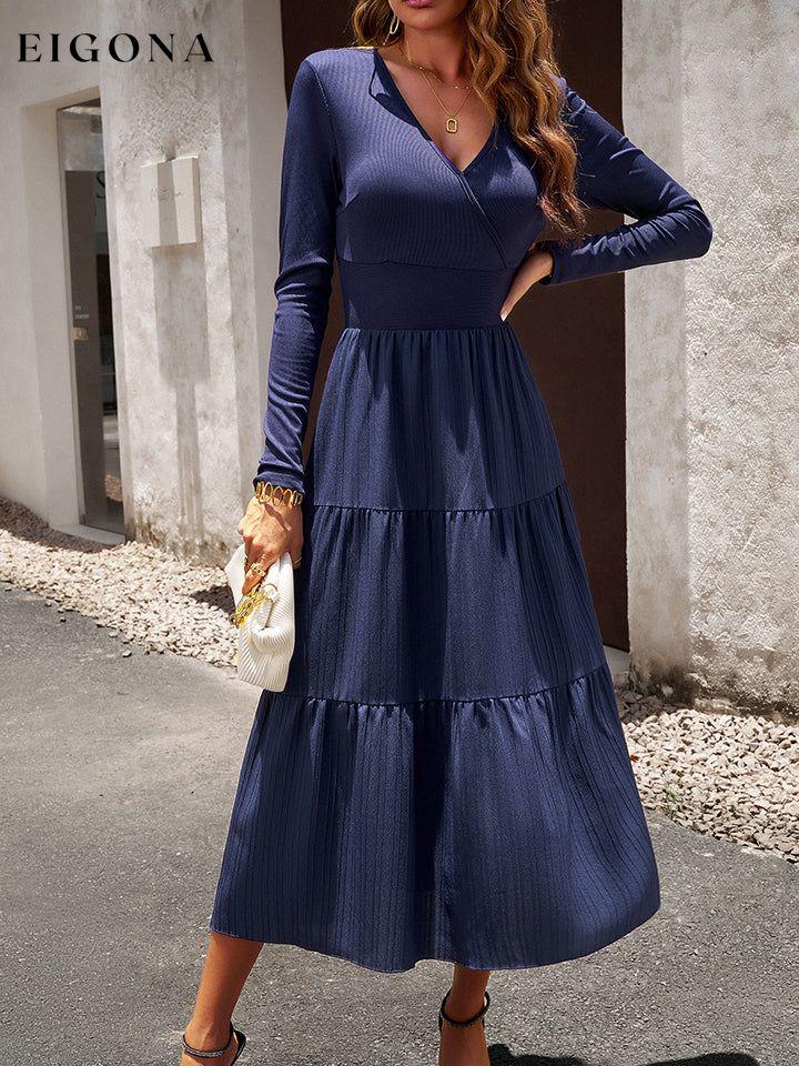 Surplice Neck Long Sleeve Smocked Waist Midi Dress clothes DY Ship From Overseas trend