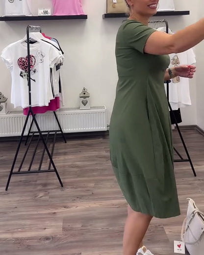 Round Neck Solid Color Waist Pocket Dress