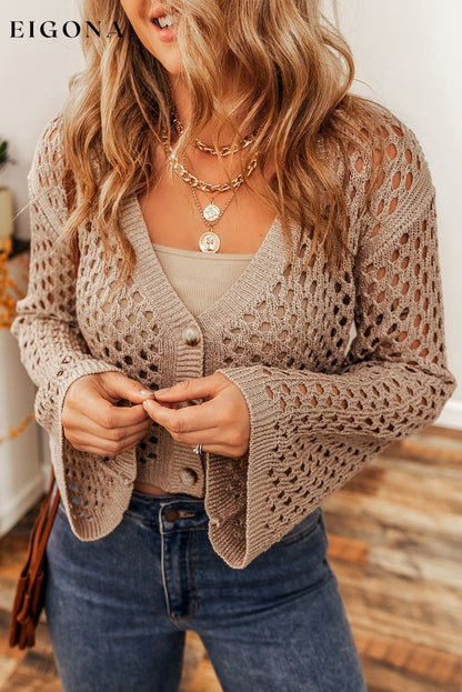 Smoke Gray Pointelle Knit V Neck Button Up Crop Cardigan All In Stock cardigan cardigans clothes Craft Crochet DL Chic DL Exclusive Occasion Daily Print Solid Color Season Winter Style Southern Belle