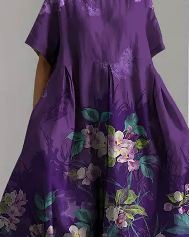 Crew Neck Purple Floral Dress