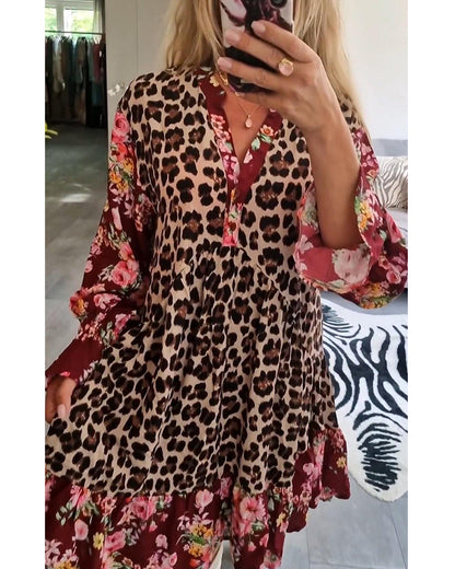 Fashionable leopard floral print bell sleeve dress 2024 f/w casual dresses spring