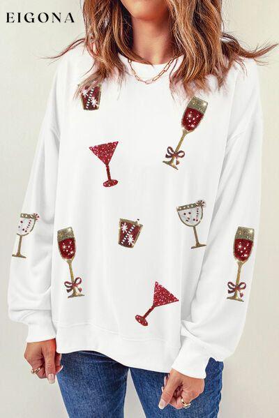 Sequin Round Neck Long Sleeve Sweatshirt White Clothes Ship From Overseas SYNZ