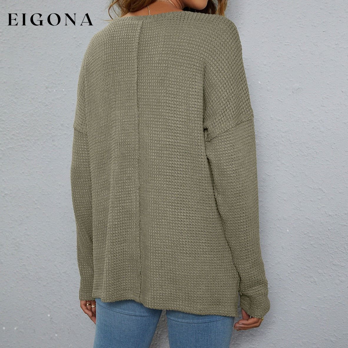 Dropped Shoulder High-Low Waffle-Knit Top Changeable clothes long sleeve long sleeve shirts long sleeve top Ship From Overseas