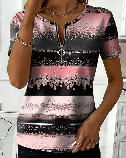 Gradient Glitter-Striped Zip-Up Top