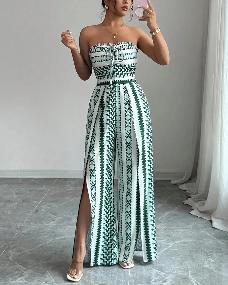 Geometric Bandeau Slit Wide Leg Jumpsuit