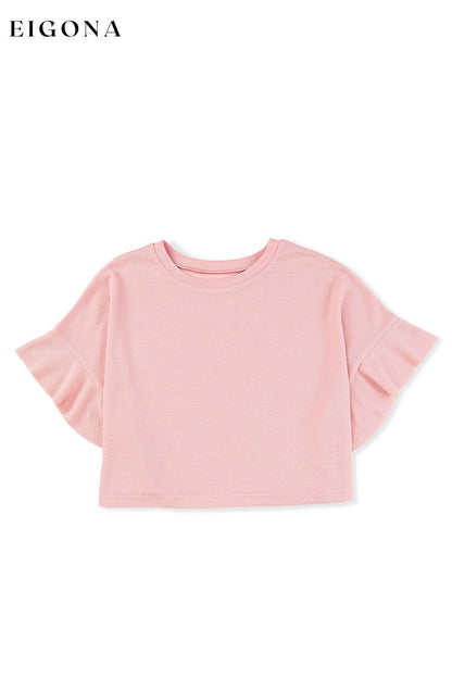 Pink Waffle Knit Ruffled Half Sleeve Blouse All In Stock clothes Color Pink crop top croptop Day Valentine's Day Fabric Waffle Knit Occasion Daily Print Solid Color Season Summer Style Southern Belle t shirts tops