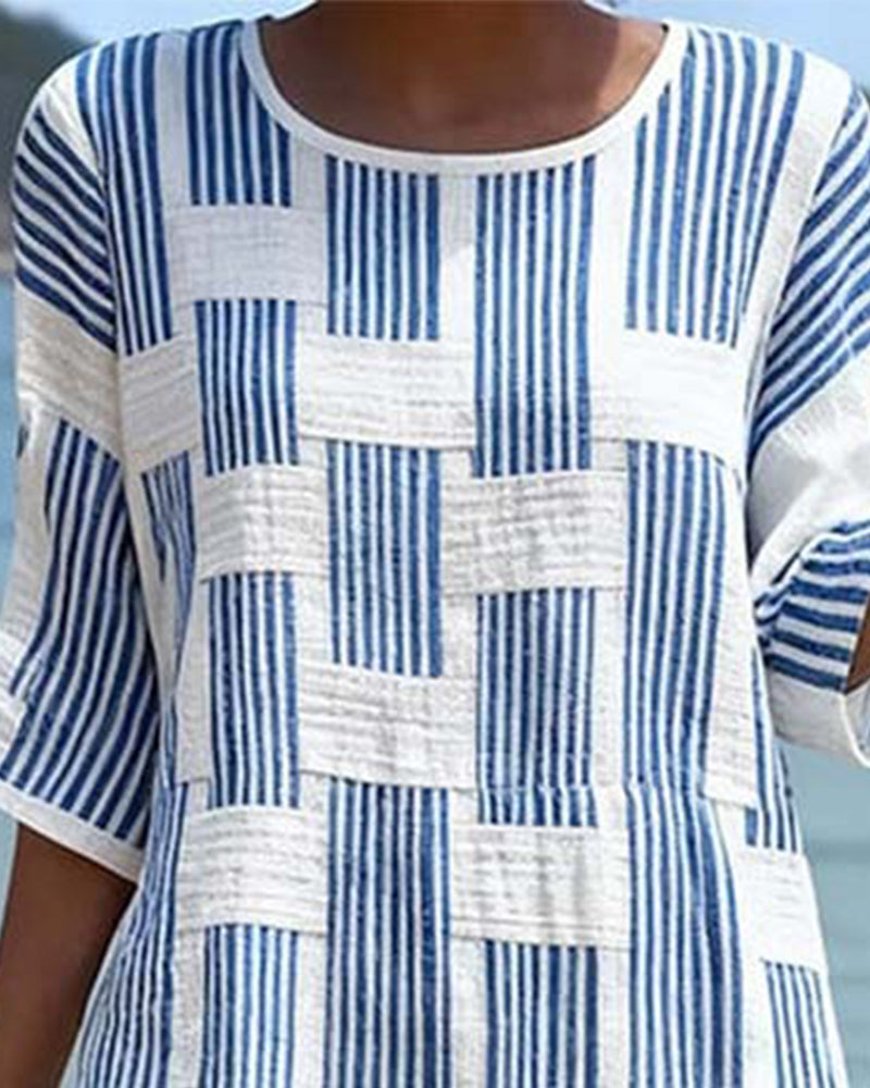 Geometric Stripe Short Sleeve Casual Dress