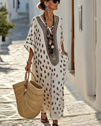 V-Neck Polka-Dot Resort Print Dress