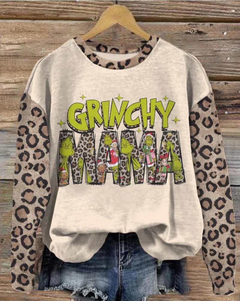 Women's Green Monster Leopard Mama Printed Long Sleeve Casual Top 2024 f/w christmas hoodies & sweatshirts women's christmas