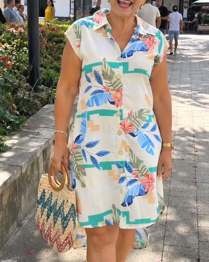 Leaf Print Lapel Shirt Dress