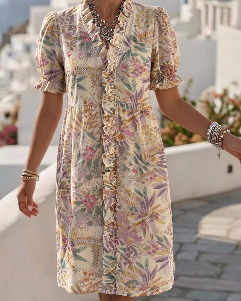 Waist-Cinched Puff Sleeve Ruffle Floral Dresses