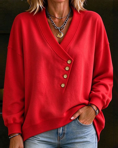 Diagonal Button V-Neck Pullover Sweatshirt