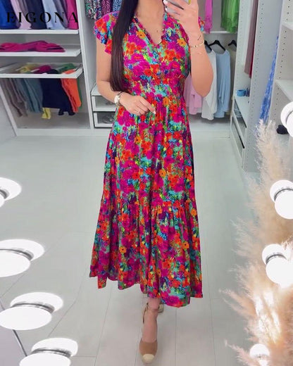 Colorful floral print V-neck elegant dress casual dresses summer