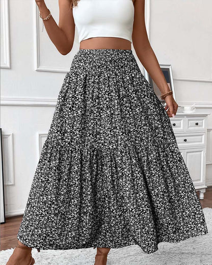 Layered Tiny Flower Print A-Line Long Skirt