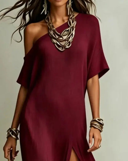 Off-Shoulder Slit Batwing Sleeve Dress