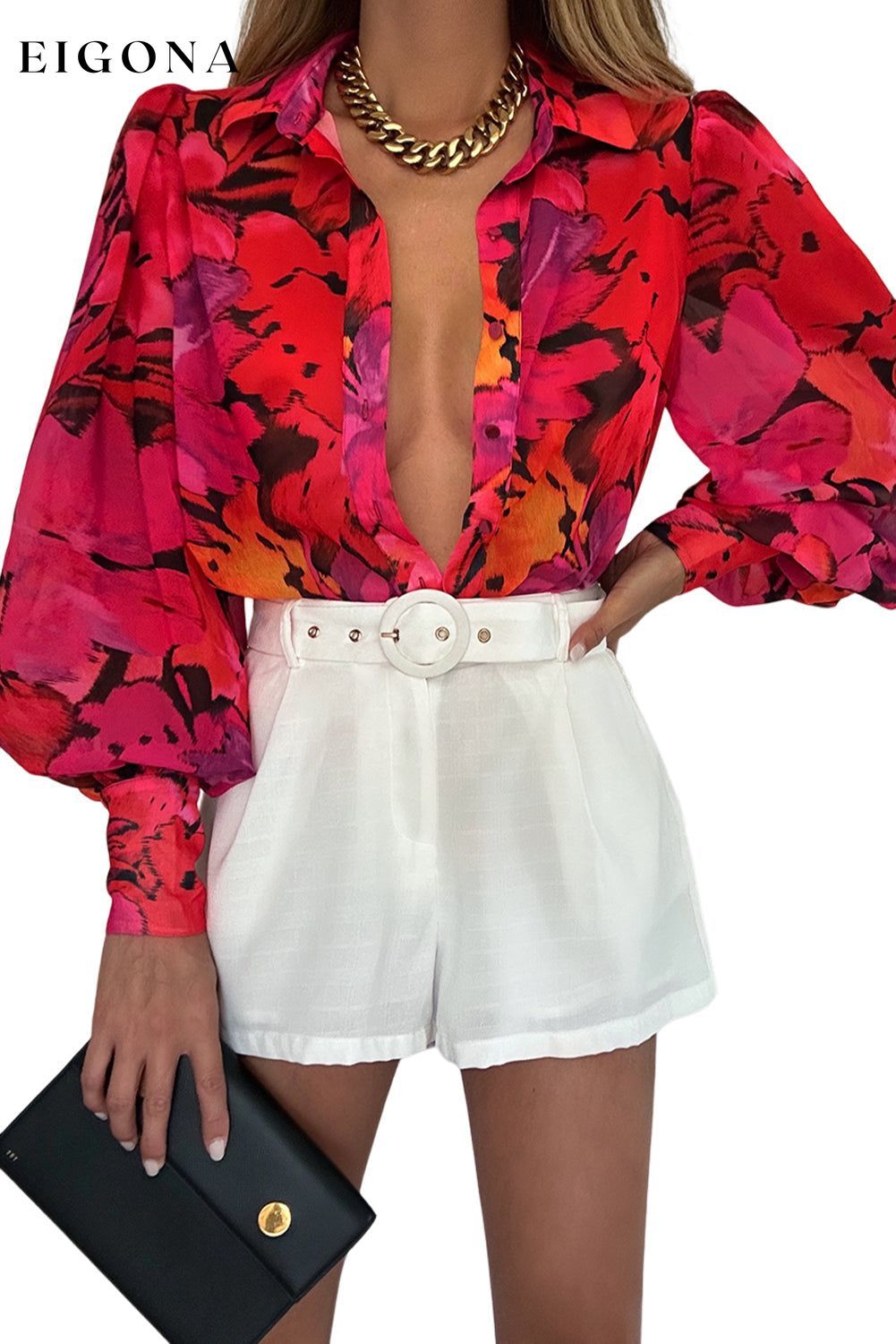 Red Floral Print Lantern Sleeve Shirt All In Stock clothes clothing long sleeve shirts long sleeve top Occasion Daily Print Floral Season Spring shirt shirts Style Elegant top tops