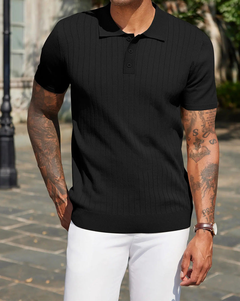 Ribbed Knit Polo Collar T-Shirt