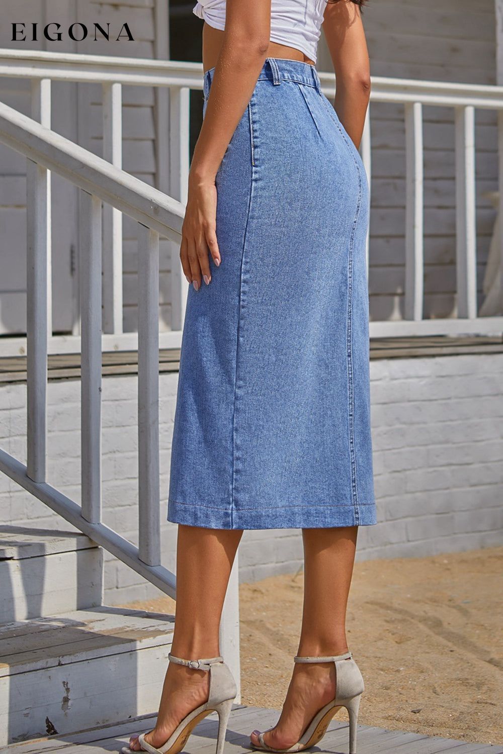 Split Buttoned Denim Skirt bottoms clothes Q@H@J@F Ship From Overseas skirts trend