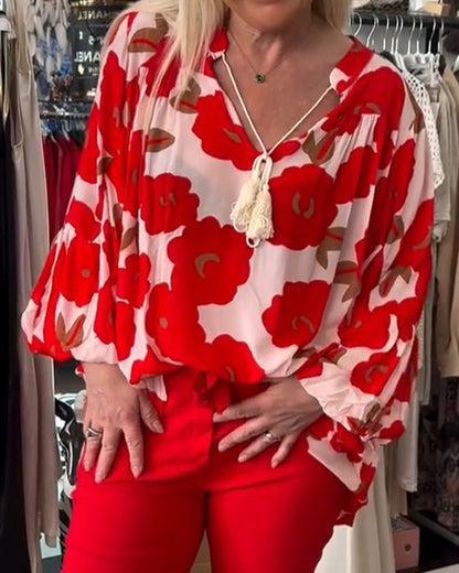 Big Floral Tie V-Neck Blouse