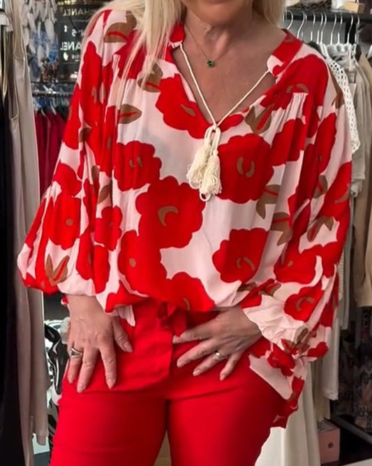 Big Floral Tie V-Neck Blouse blouses & shirts spring summer