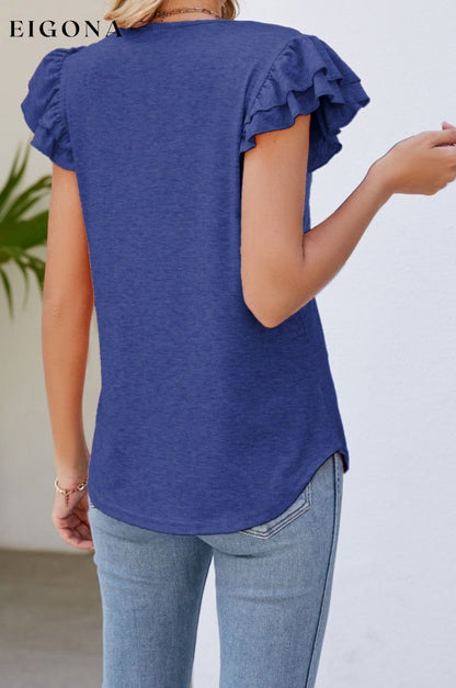 Smocked Flutter Sleeve V-Neck Top clothes Lamy Ship From Overseas Shipping Delay 09/29/2023 - 10/02/2023 shirt shirts short sleeve top tops trend