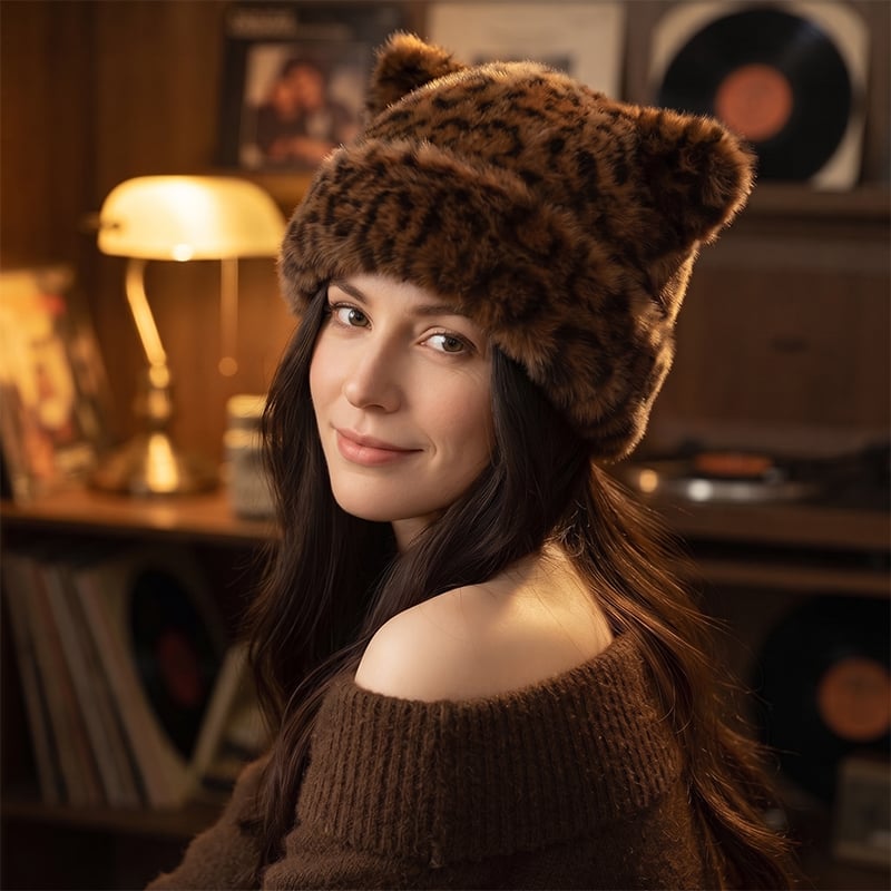 Leopard Print Plush Cat Ear Hat