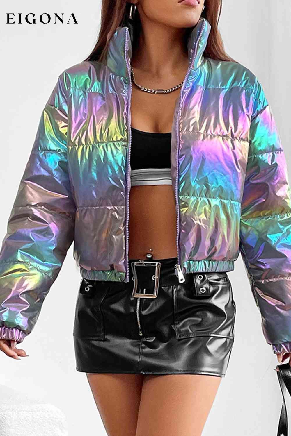 Gradient Zip-Up Oil Spill Chrome Winter Coat clothes Jackets & Coats M@Y Ship From Overseas