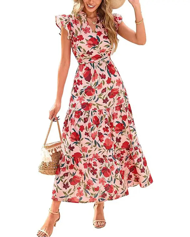 Ruffle Flutter Sleeve Floral Long Dress