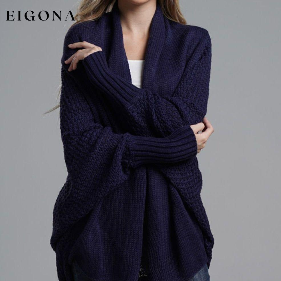 Double Take Sleeve Open Front Ribbed Trim Longline Cardigan Navy One Size cardigan cardigans clothes Double Take Ship From Overseas sweaters