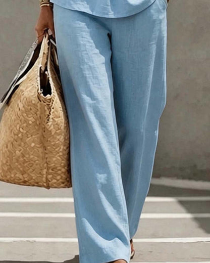 Ruffle Three Button Blouse Wide Leg Pant Set
