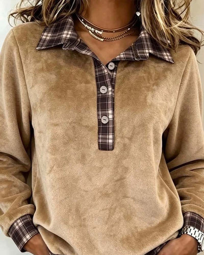 Lapel Button Plaid Patchwork Sweatshirt