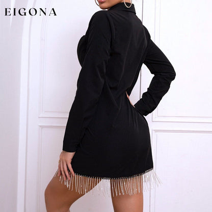 Fringe Trim Button-Up Shirt Dress clothes dress dresses mini dress Ringing-N Ship From Overseas short dress