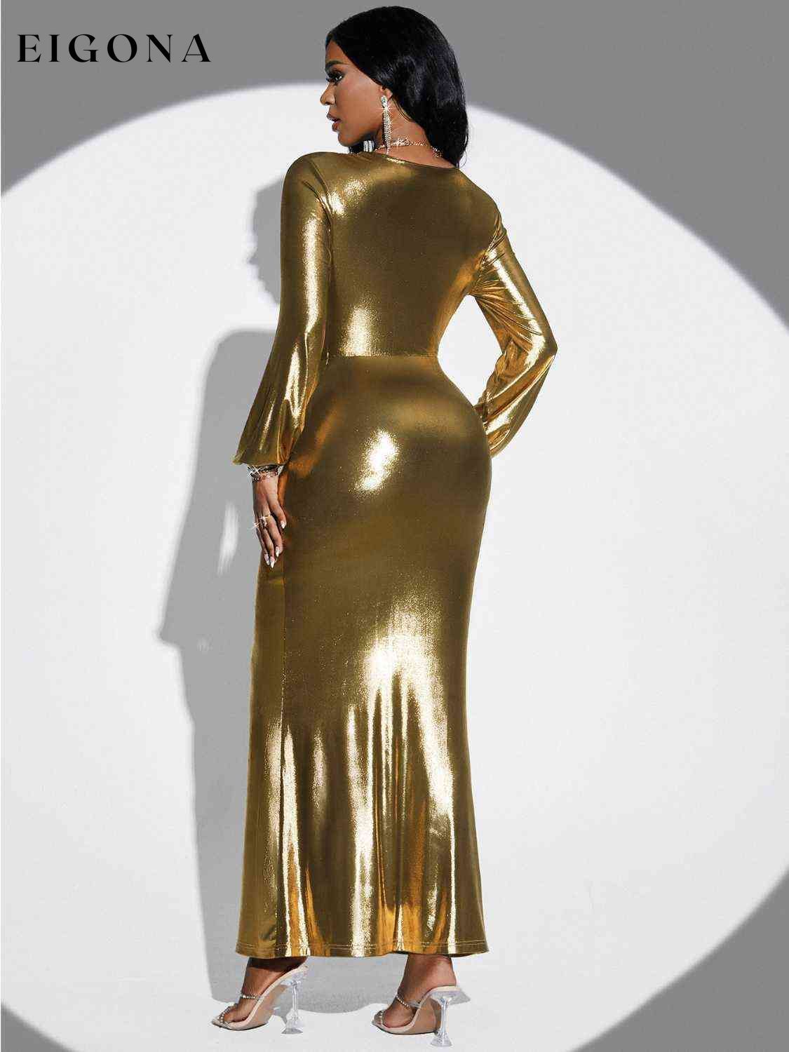 Plunge Twisted Slit Sexy Gold Long Sleeve Bodycon Midi Gold Dress casual dresses clothes cocktail dresses dresses evening dress evening dresses formal dresses gold dresses long dresses long sleeve dresses long sleve dresses maxi dress maxi dresses midi dresses S.N Ship From Overseas short dresses