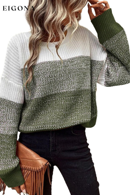 Pickle Green Color Block Drop Shoulder Ribbed Trim Sweater All In Stock clothes EDM Monthly Recomend Occasion Daily Print Color Block Season Fall & Autumn Style Casual Style Modern sweater sweaters Sweatshirt