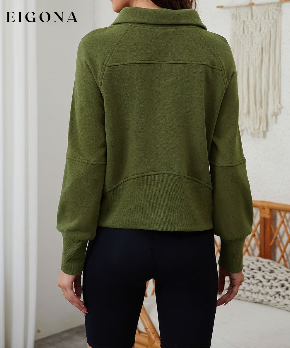 Green Zip Up Stand Collar Ribbed Thumbhole Sleeve Sweatshirt clothes Craft Patchwork Fall To Winter Occasion Daily Outerwear Print Solid Color Season Fall & Autumn Style Casual Sweater sweaters