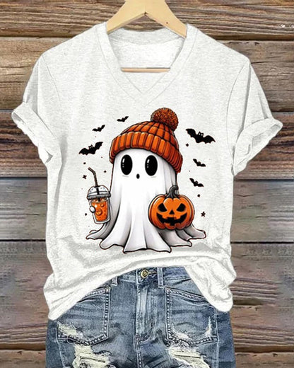 Women'S Ghost Print V-neck T-shirt 2024 f/w halloween spring summer t-shirts